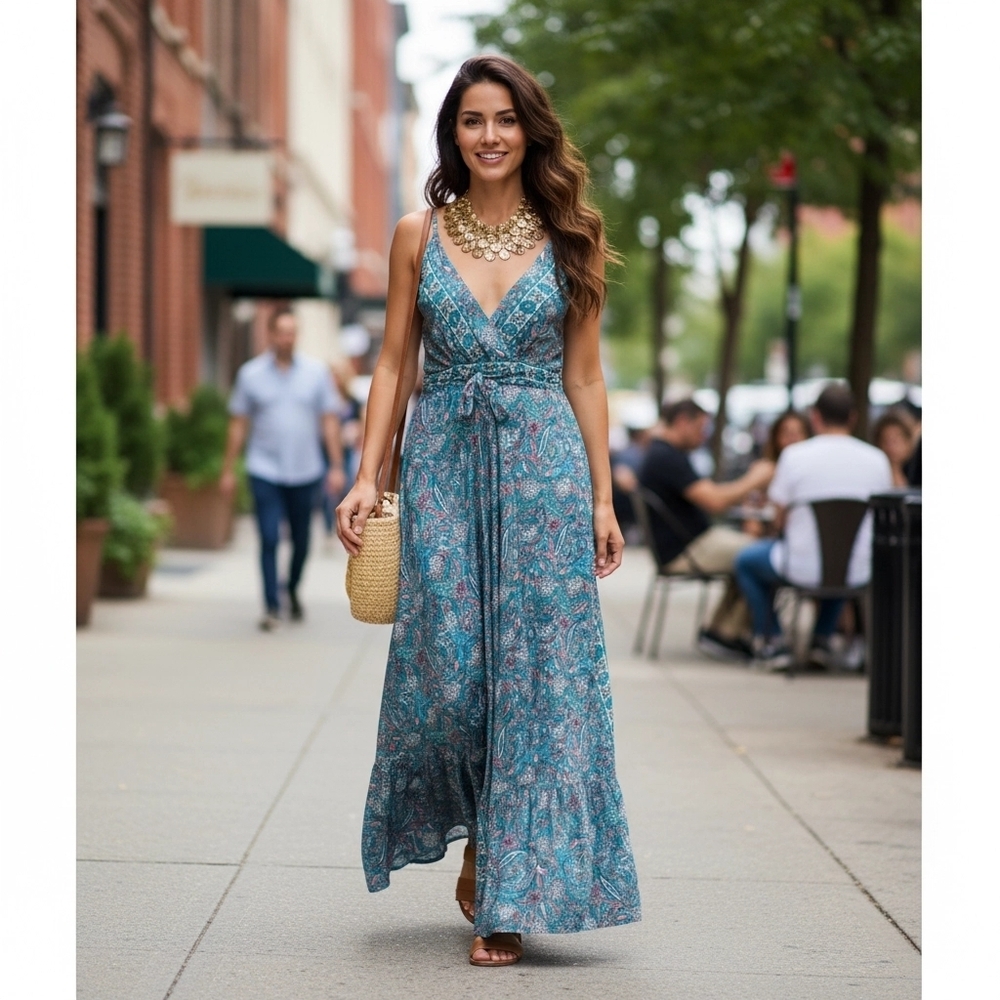 Blue Sleeveless Plunge Maxi Gown